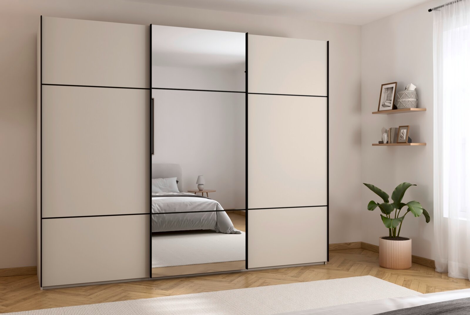 Moderner Schwebetürenschrank mit Spiegel in einem stilvoll eingerichteten Schlafzimmer, seitliche Perspektive.