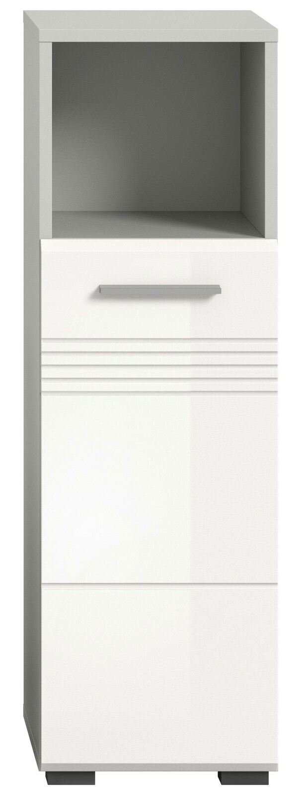 Moderner weißer Standschrank mit offenem Fach und Schublade, Frontalansicht