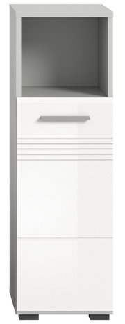 Moderner weißer Standschrank mit offenem Fach und Schublade, Frontalansicht