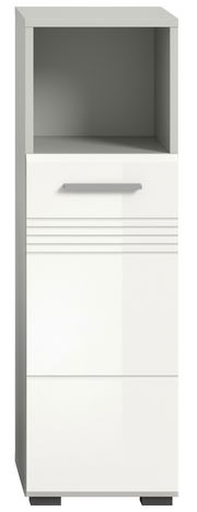 Moderner weißer Standschrank mit offenem Fach und Schublade, Frontalansicht