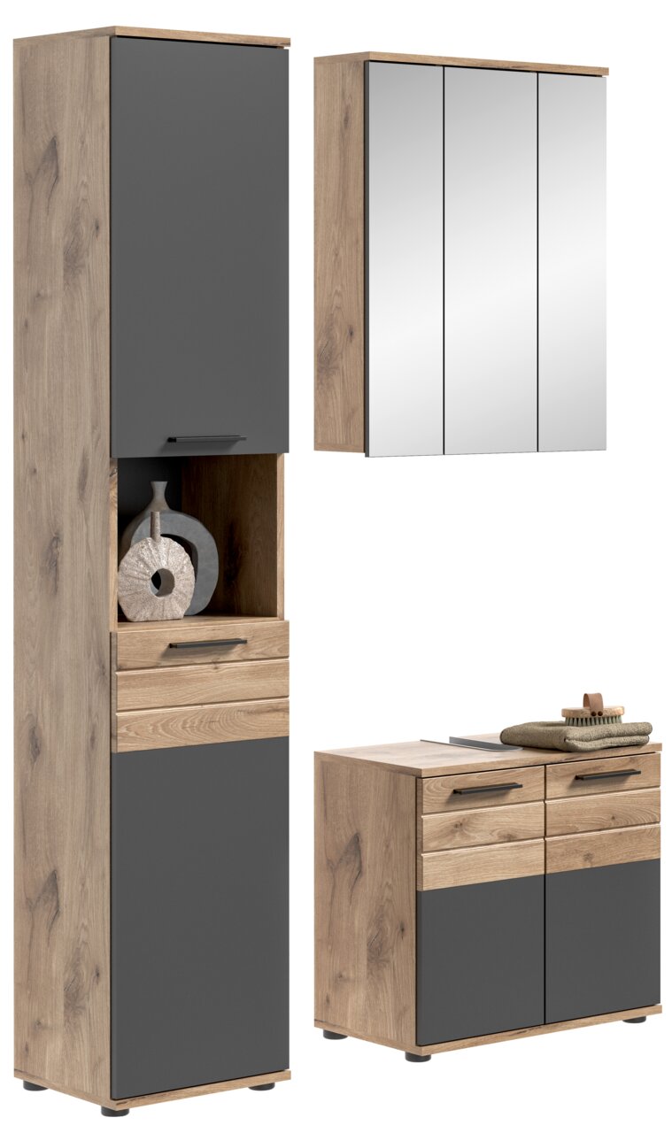 Badezimmermöbel-Set in Holzoptik mit grauen Fronten, bestehend aus einem hohen Schrank, einem Spiegelschrank und einem Unterschrank, aus der Frontalperspektive.