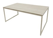 Moderner Couchtisch mit rechteckiger Holzplatte und schlankem Metallgestell, seitliche Perspektive