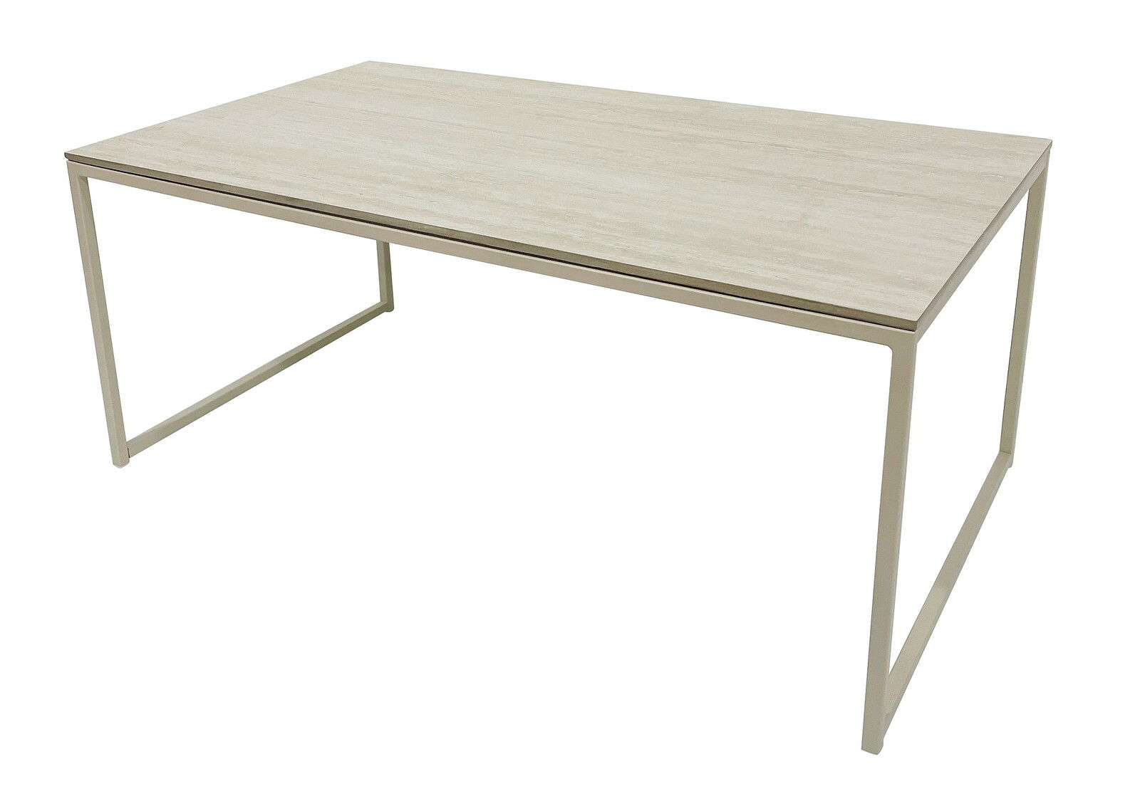 Moderner Couchtisch mit rechteckiger Holzplatte und schlankem Metallgestell, seitliche Perspektive