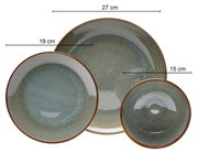 Draufsicht auf ein 16-teiliges Kombiservice mit drei unterschiedlich großen Tellern in Blau- und Brauntönen, Durchmesser 27 cm, 19 cm und 15 cm.