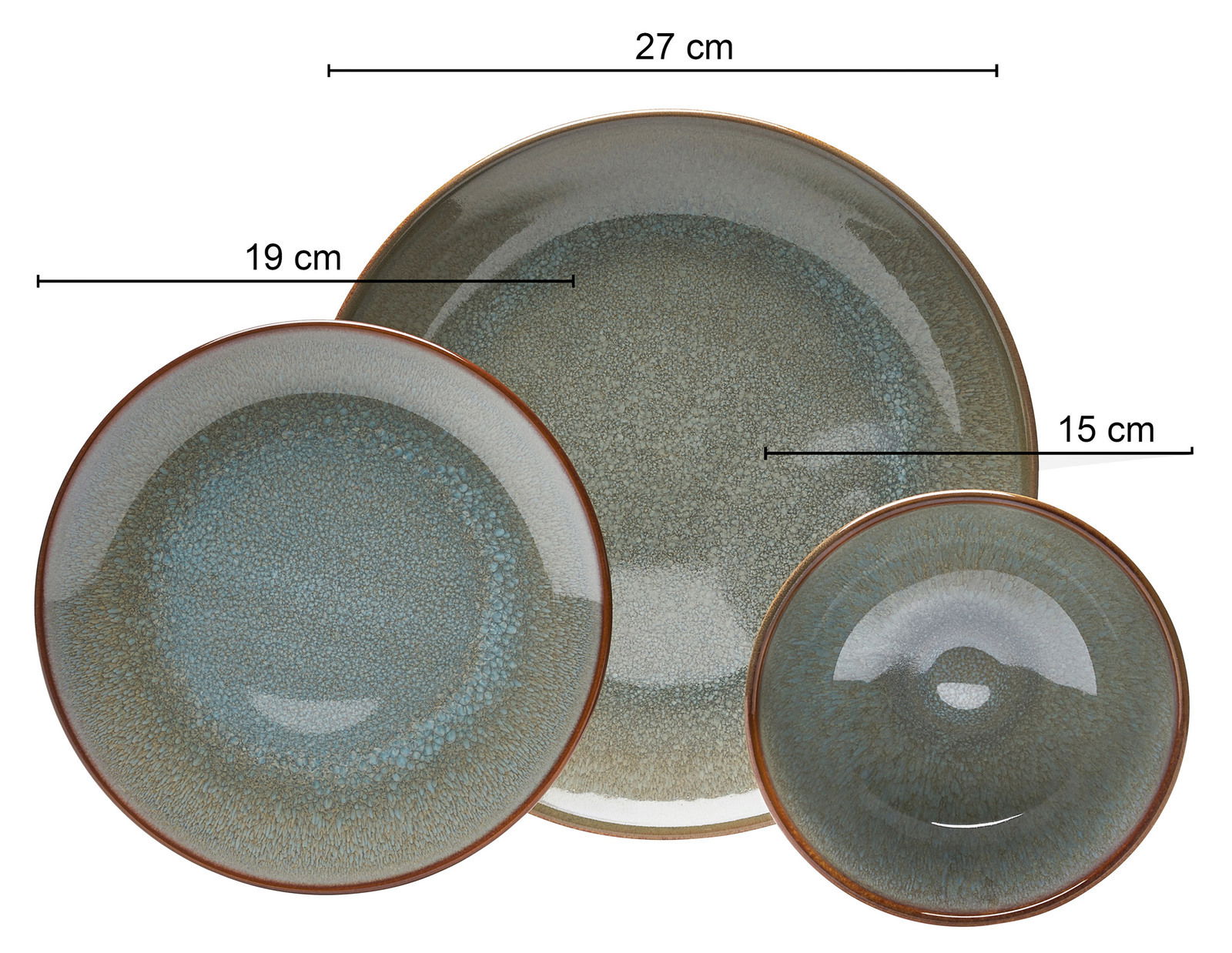 Draufsicht auf ein 16-teiliges Kombiservice mit drei unterschiedlich großen Tellern in Blau- und Brauntönen, Durchmesser 27 cm, 19 cm und 15 cm.