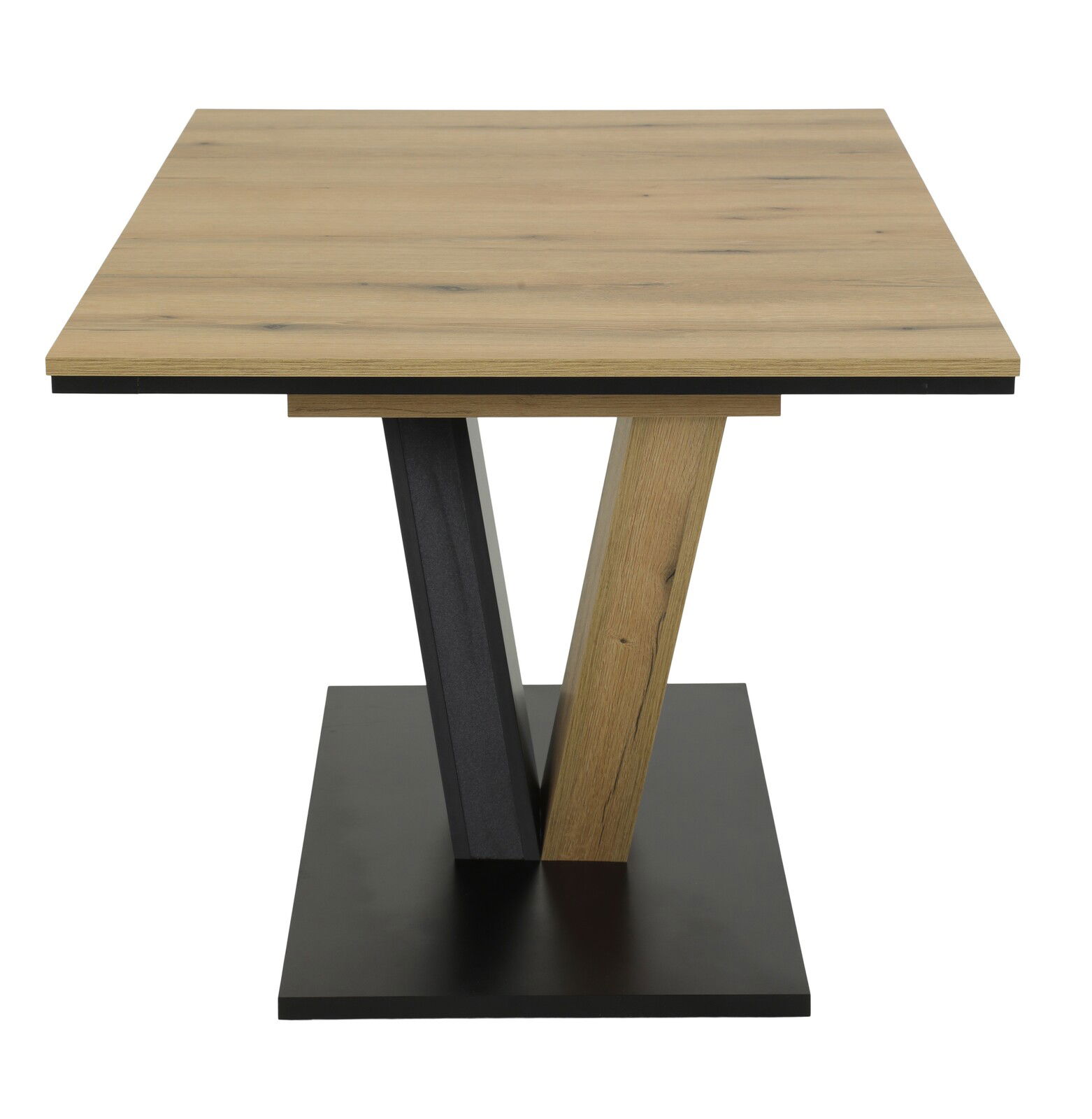 Moderner Esstisch mit quadratischer Holzplatte und V-förmigem Gestell aus Holz und Metall, seitliche Perspektive