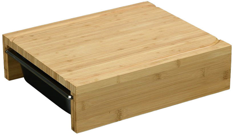 Holz-Schneidebrett mit zwei herausziehbaren Auffangschalen, seitliche Perspektive