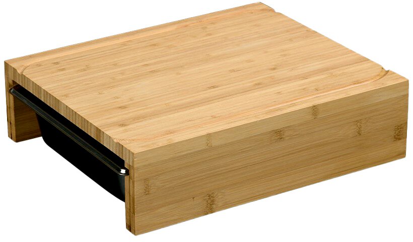 Holz-Schneidebrett mit zwei herausziehbaren Auffangschalen, seitliche Perspektive