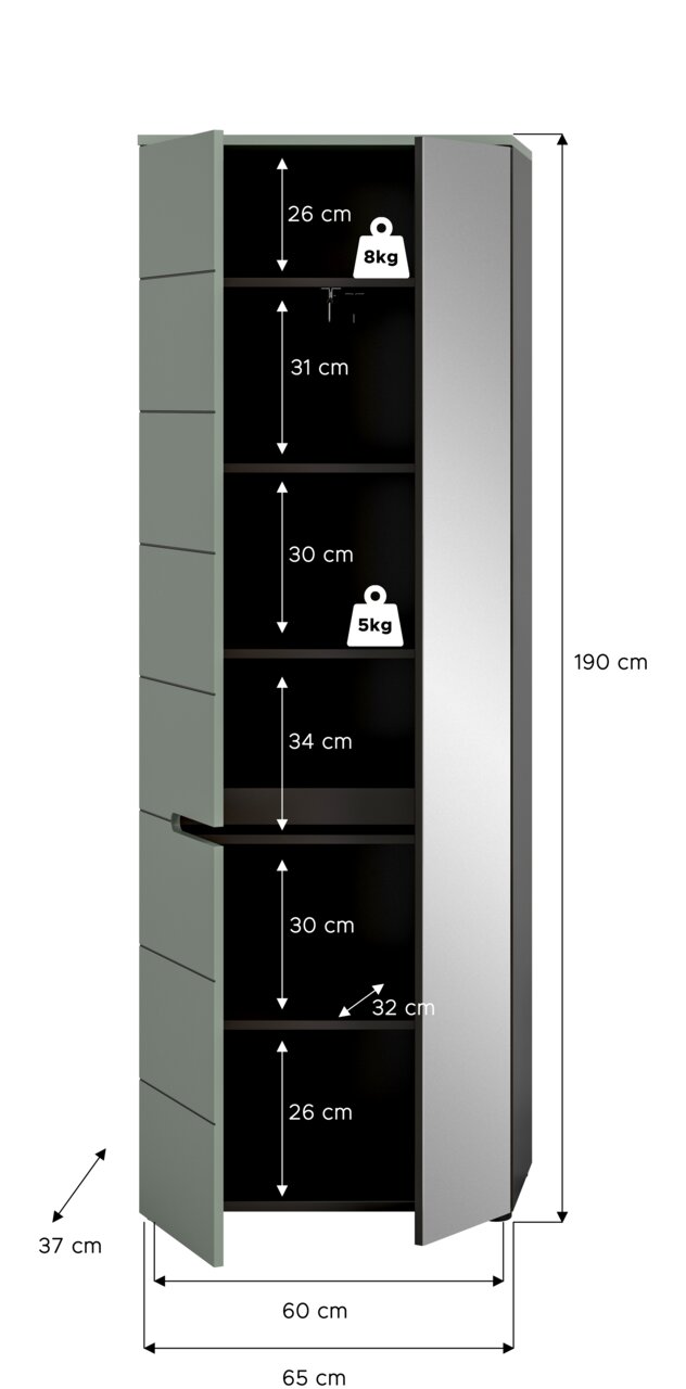 Hoher zweitüriger Schrank mit Spiegel an der rechten Tür, geöffnet und mit mehreren Einlegeböden; Maßgrafik zeigt ca. 190 cm Höhe, 65 cm Breite, 37 cm Tiefe und Fachhöhen; Ansicht schräg von vorn.