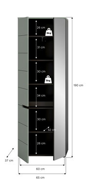 Hoher zweitüriger Schrank mit Spiegel an der rechten Tür, geöffnet und mit mehreren Einlegeböden; Maßgrafik zeigt ca. 190 cm Höhe, 65 cm Breite, 37 cm Tiefe und Fachhöhen; Ansicht schräg von vorn.