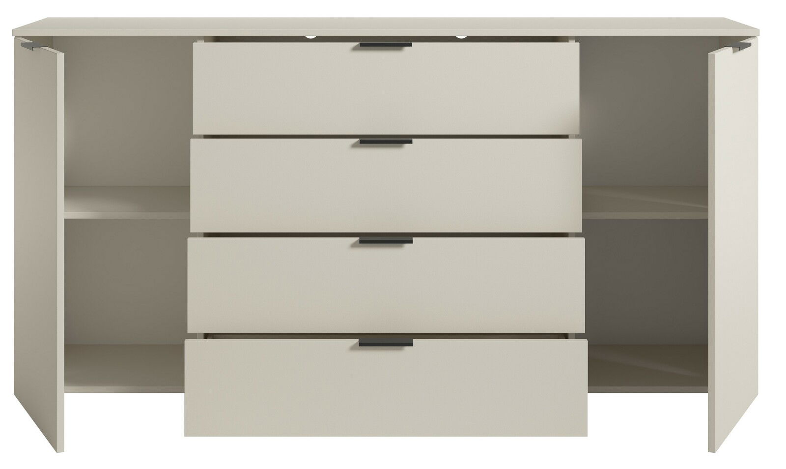 Frontansicht eines XL-Sideboards mit offenen Türen und Schubladen in modernem Design.