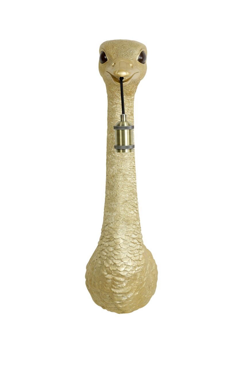 Goldene Wandleuchte in Form eines Straußenkopfes mit einer Lampenfassung im Schnabel, Frontalansicht.