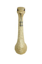 Goldene Wandleuchte in Form eines Straußenkopfes mit einer Lampenfassung im Schnabel, Frontalansicht.