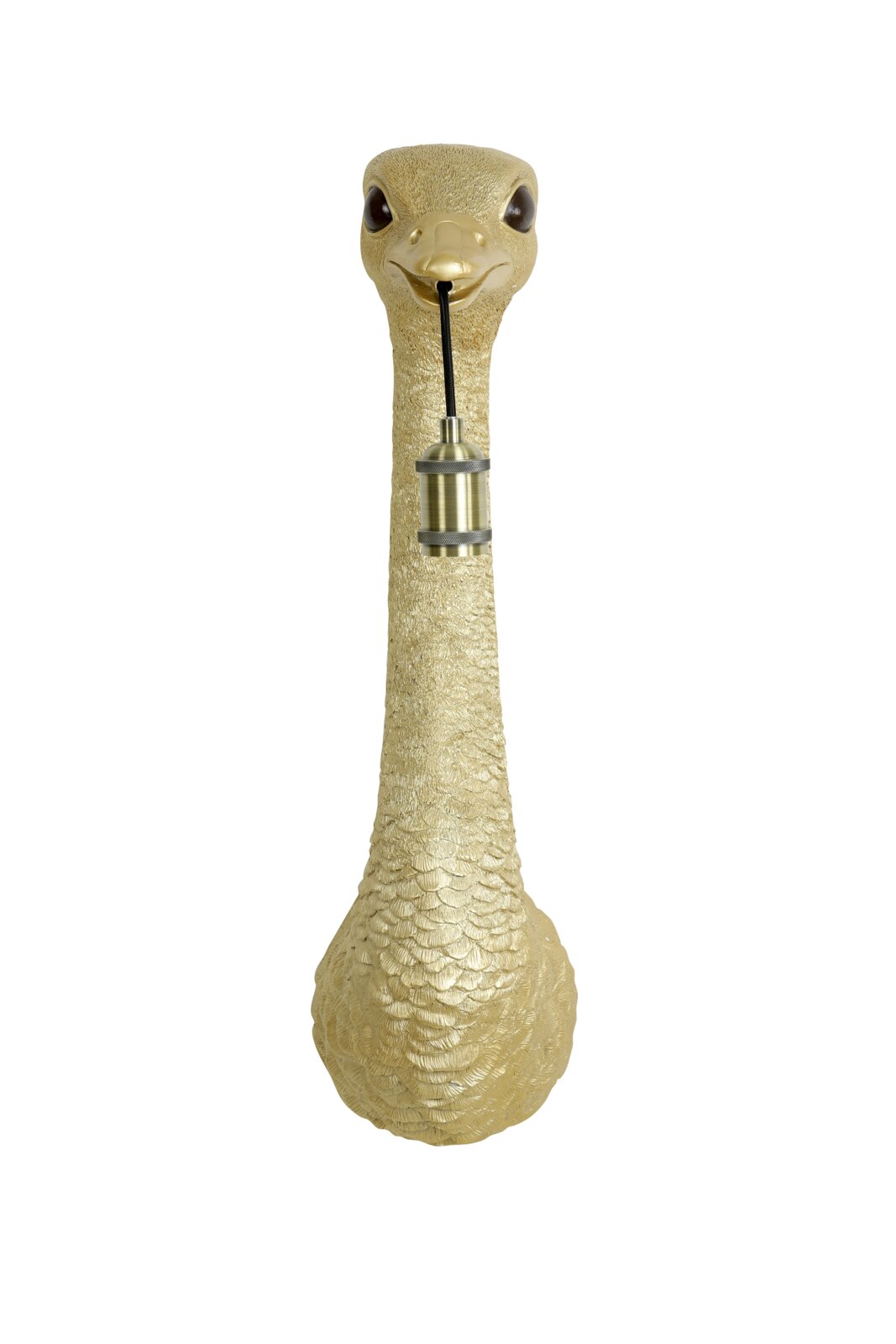 Goldene Wandleuchte in Form eines Straußenkopfes mit einer Lampenfassung im Schnabel, Frontalansicht.