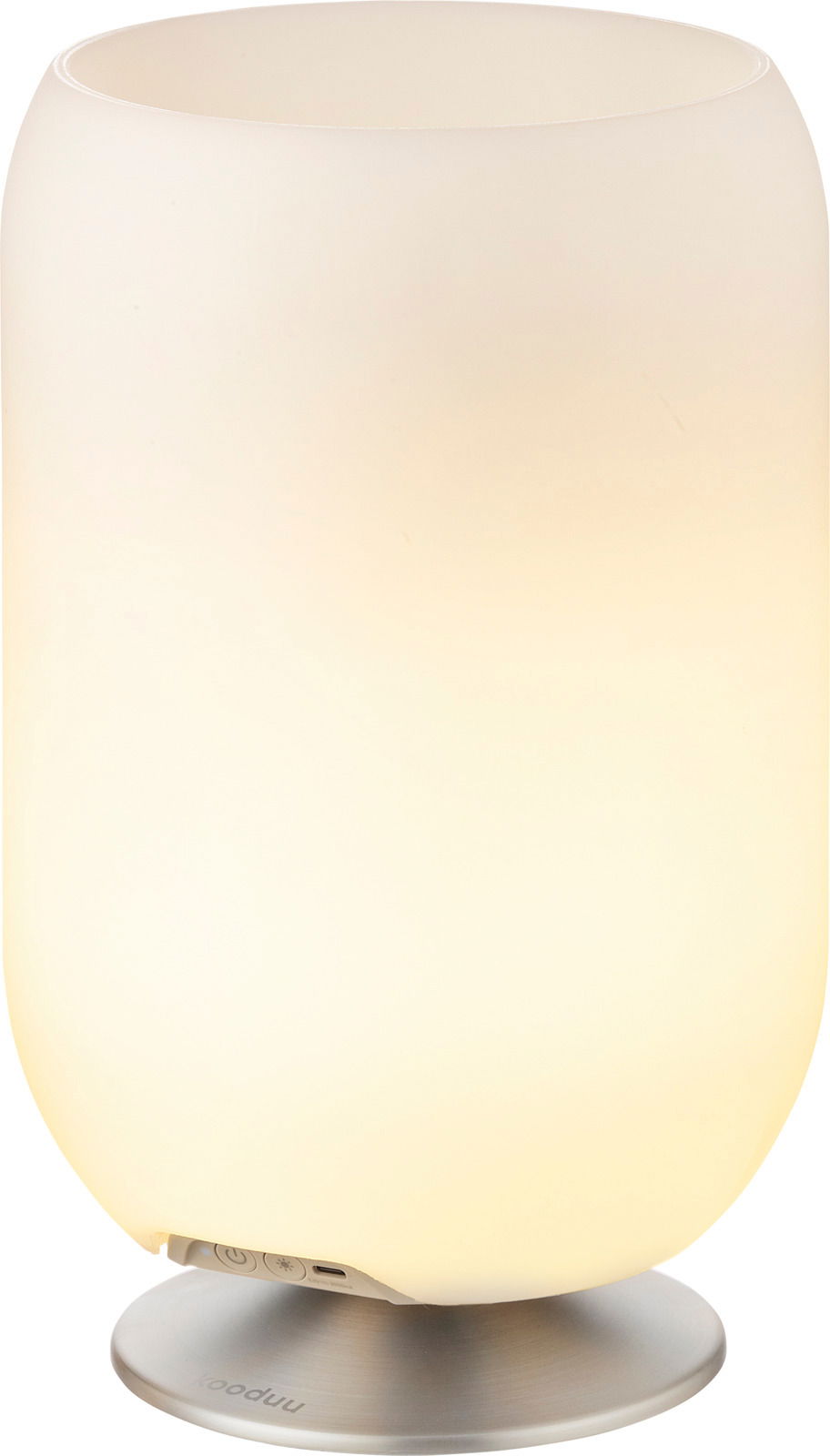 Atmos Brushed Silver Lampe mit sanftem, warmem Licht, seitliche Perspektive