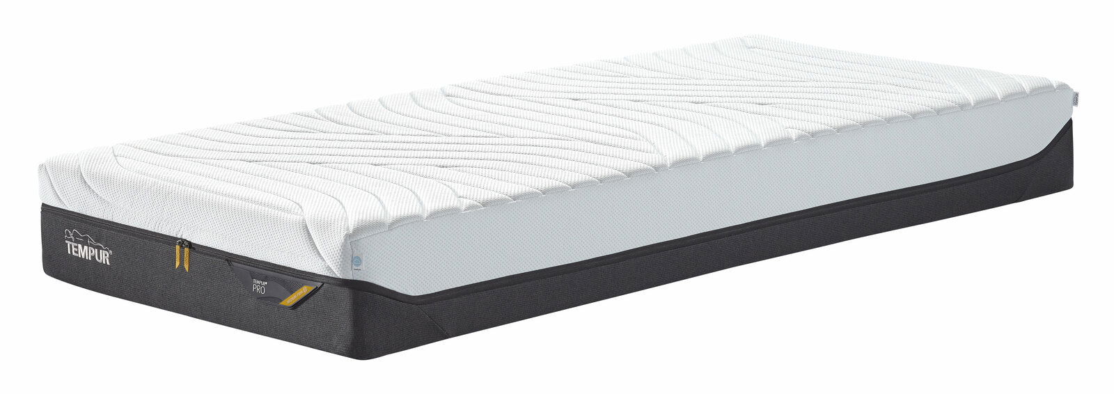 Seitliche Ansicht einer hochwertigen Matratze mit weißem Bezug und schwarzem Rand, geeignet für optimalen Schlafkomfort.