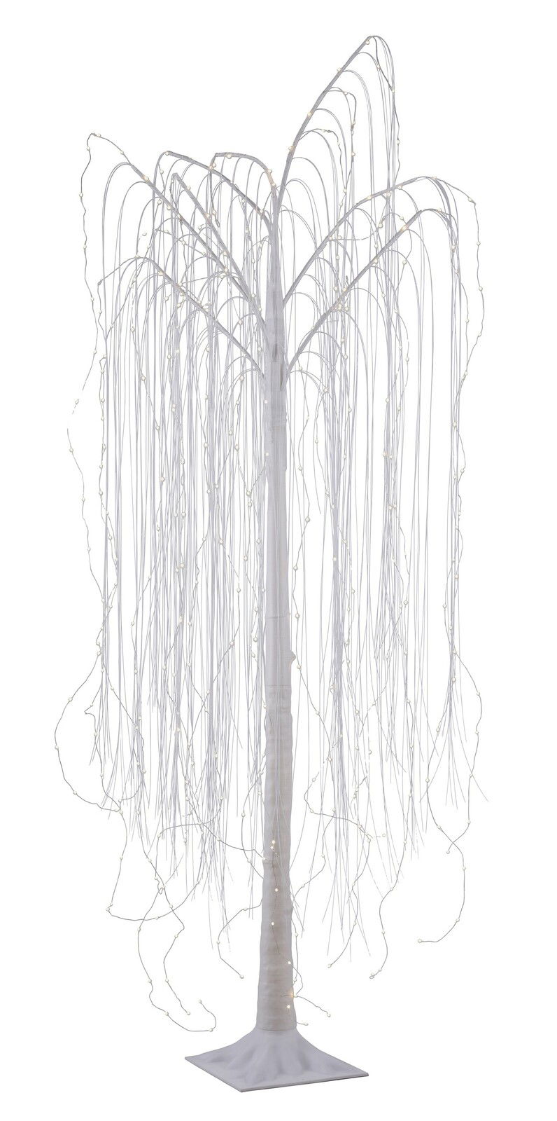 Weißer LED-Baum in Form einer Trauerweide, frontal fotografiert, mit leuchtenden Lichtern an den herabhängenden Zweigen.