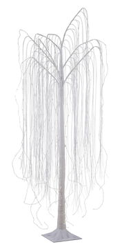 Weißer LED-Baum in Form einer Trauerweide, frontal fotografiert, mit leuchtenden Lichtern an den herabhängenden Zweigen.