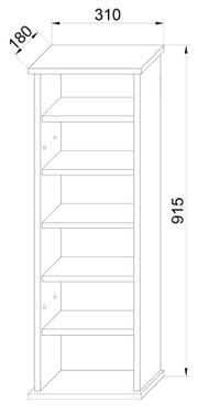 Technische Strichzeichnung eines schmalen Standregals mit mehreren Einlegeböden, Maße ca. 310 mm Breite, 180 mm Tiefe und 915 mm Höhe, dargestellt in schräger Vorderansicht (3/4-Perspektive) mit Maßpfeilen.
