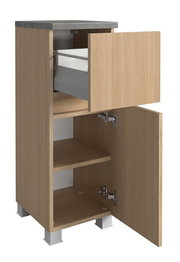 Unterschrank mit geöffneter Schublade und Tür, aus Holz mit grauer Arbeitsplatte, Perspektive von vorne