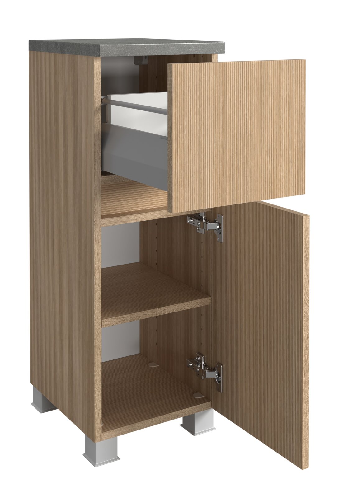 Unterschrank mit geöffneter Schublade und Tür, aus Holz mit grauer Arbeitsplatte, Perspektive von vorne