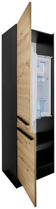 Kühlschrankumbau mit geöffneter Holztür, seitliche Perspektive