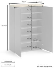 Schuhschrank mit offenen Türen, zeigt mehrere Regalböden und detaillierte Maße aus frontaler Perspektive.