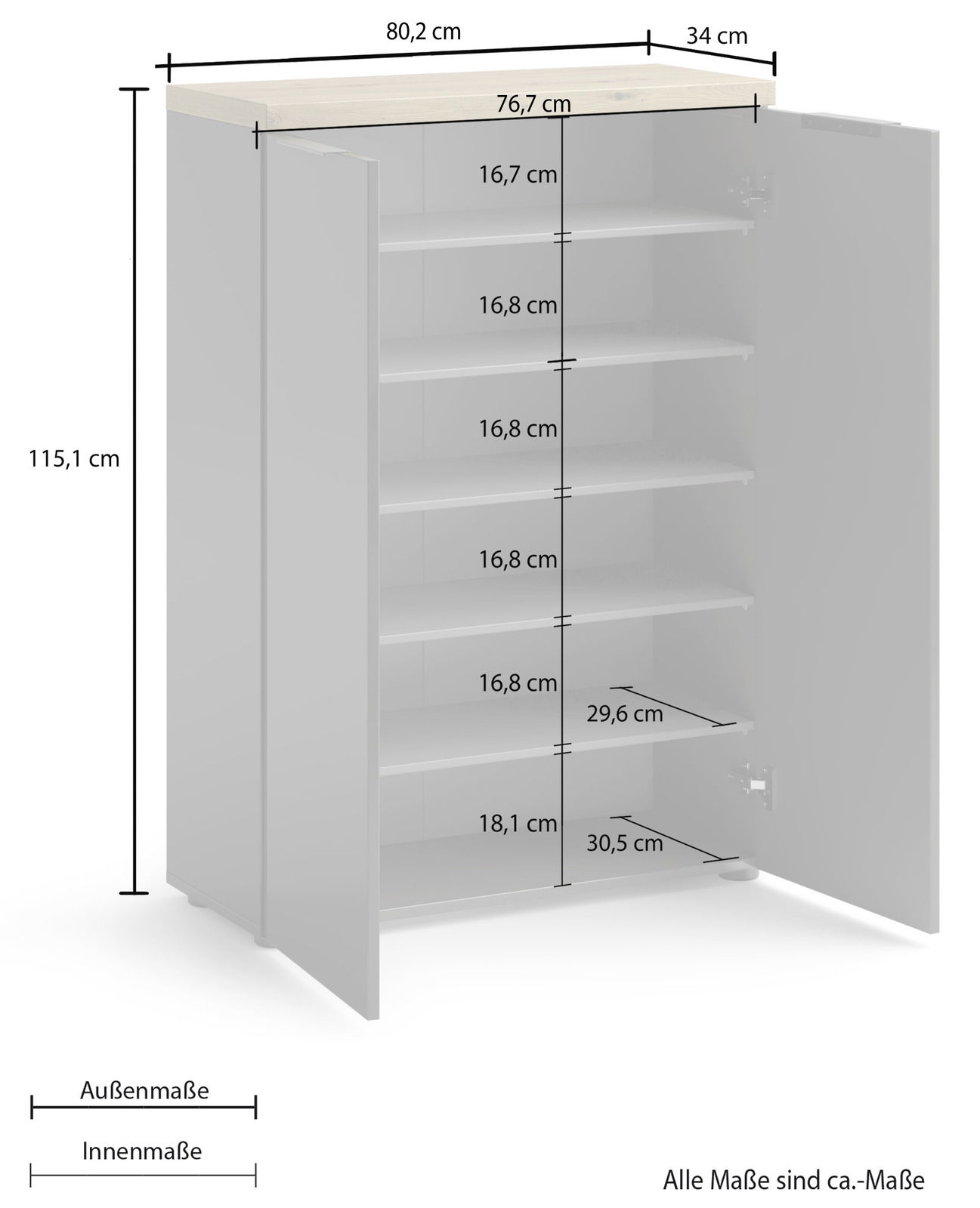 Schuhschrank mit offenen Türen, zeigt mehrere Regalböden und detaillierte Maße aus frontaler Perspektive.
