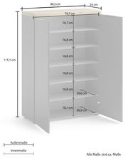 Schuhschrank mit offenen Türen, zeigt mehrere Regalböden und detaillierte Maße aus frontaler Perspektive.