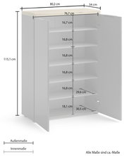Schuhschrank mit offenen Türen, zeigt mehrere Regalböden und detaillierte Maße aus frontaler Perspektive.