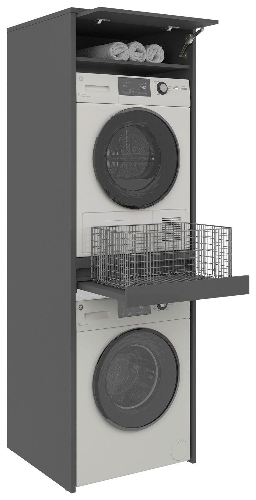 Doppel-Waschmaschinenschrank mit zwei Waschmaschinen, einem ausziehbaren Korb und einem oberen Fach mit Handtüchern, seitliche Perspektive