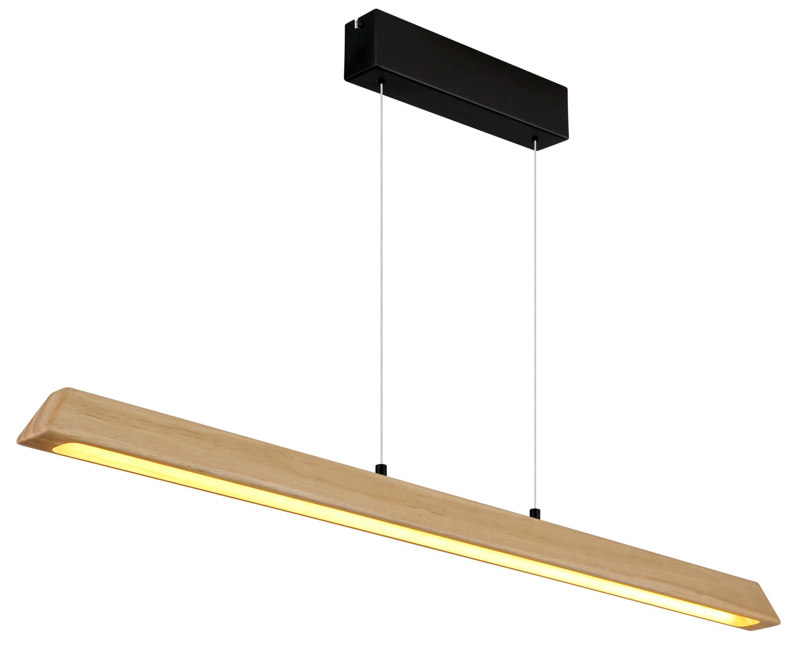 Moderne LED-Pendelleuchte mit langem Holz-Balken, warmweißem Licht und schwarzem Deckenbaldachin an zwei Seilabhängungen, freigestellt auf weißem Hintergrund, Ansicht schräg von unten