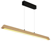 Moderne LED-Pendelleuchte mit langem Holz-Balken, warmweißem Licht und schwarzem Deckenbaldachin an zwei Seilabhängungen, freigestellt auf weißem Hintergrund, Ansicht schräg von unten