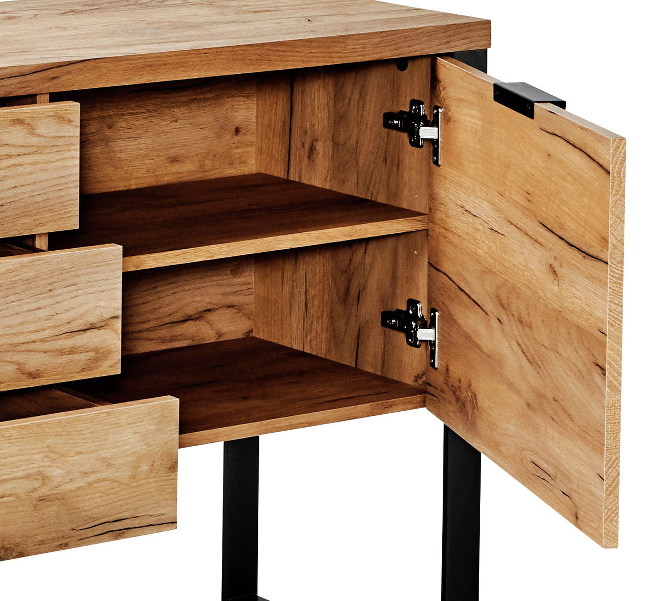 Detailansicht eines Sideboards aus Holz mit geöffneter Tür und Schubladen, aus der rechten Perspektive.