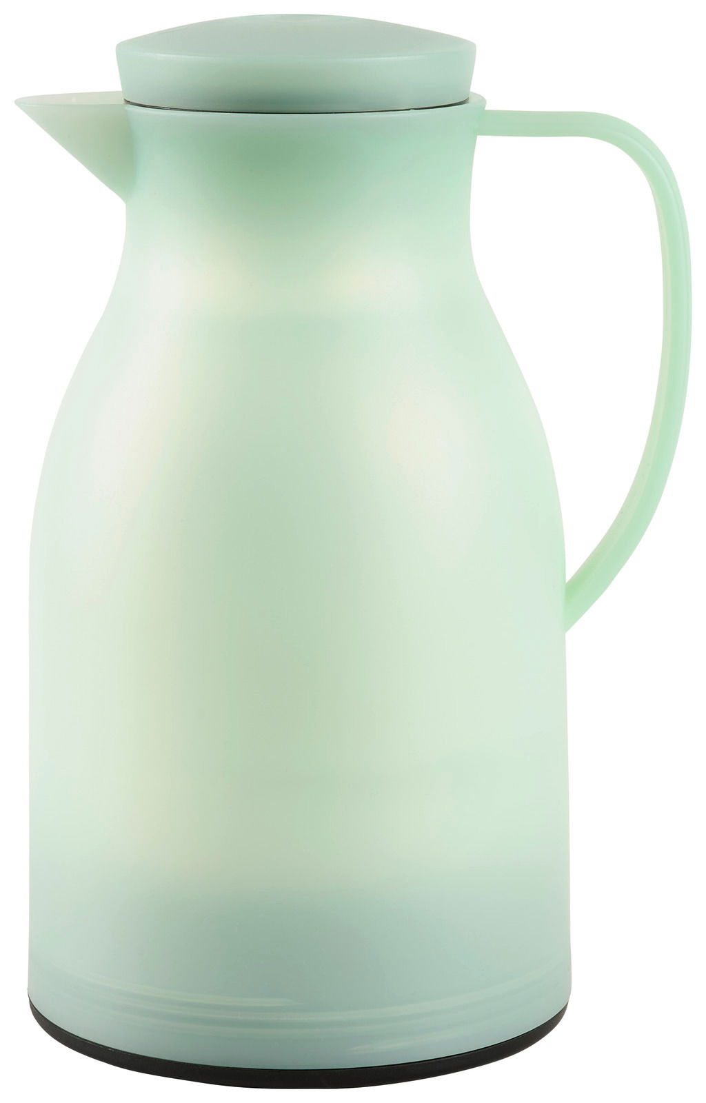 Grüne Isolierkanne mit Deckel und Griff, seitliche Perspektive