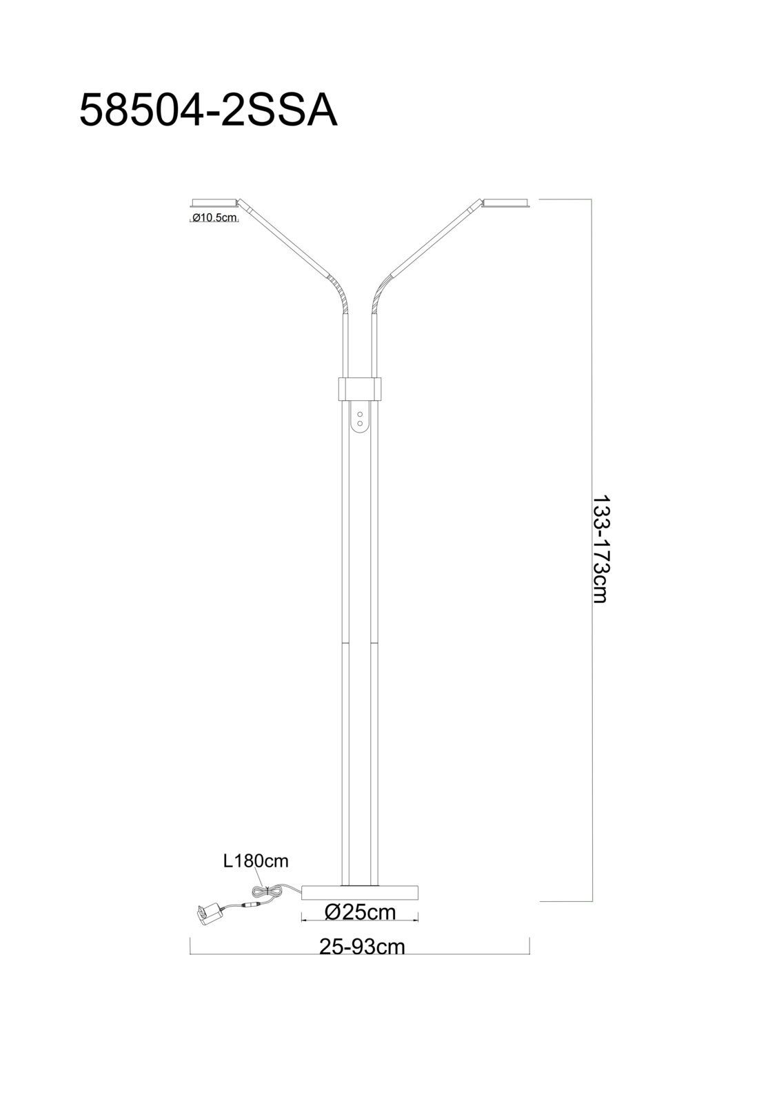 Technische Maßzeichnung einer zweiflammigen Stehleuchte mit zwei schräg abgehenden Leuchtenarmen, Höhe 133–173 cm, Fuß Ø 25 cm, Kabel 180 cm, Ansicht von vorne.