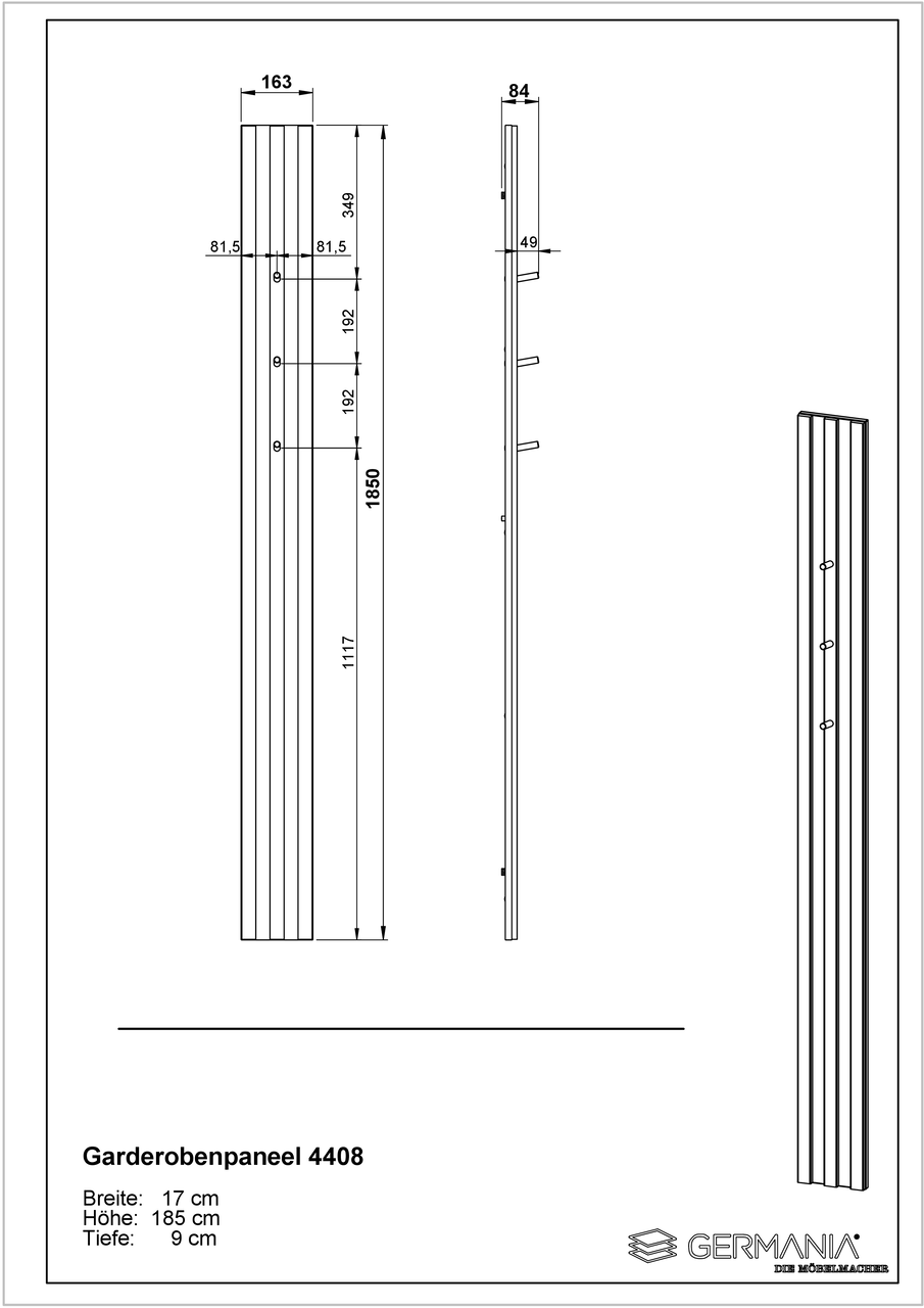Technische Zeichnung eines Garderobenpaneels mit den Maßen: Breite 17 cm, Höhe 185 cm, Tiefe 9 cm. Vorderansicht und Seitenansicht des Paneels mit Haken. Perspektive: Frontal- und Seitenansicht.