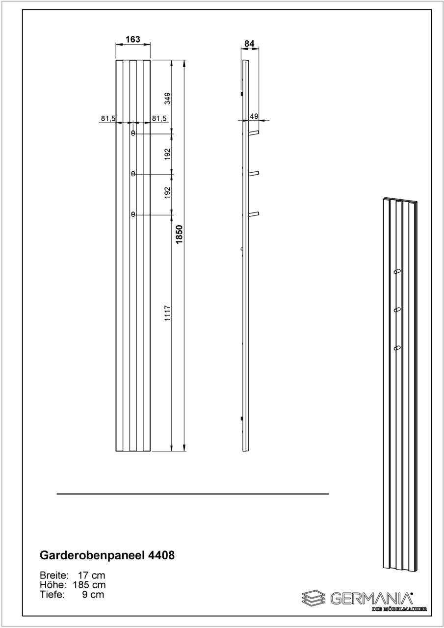 Technische Zeichnung eines Garderobenpaneels mit den Maßen: Breite 17 cm, Höhe 185 cm, Tiefe 9 cm. Vorderansicht und Seitenansicht des Paneels mit Haken. Perspektive: Frontal- und Seitenansicht.