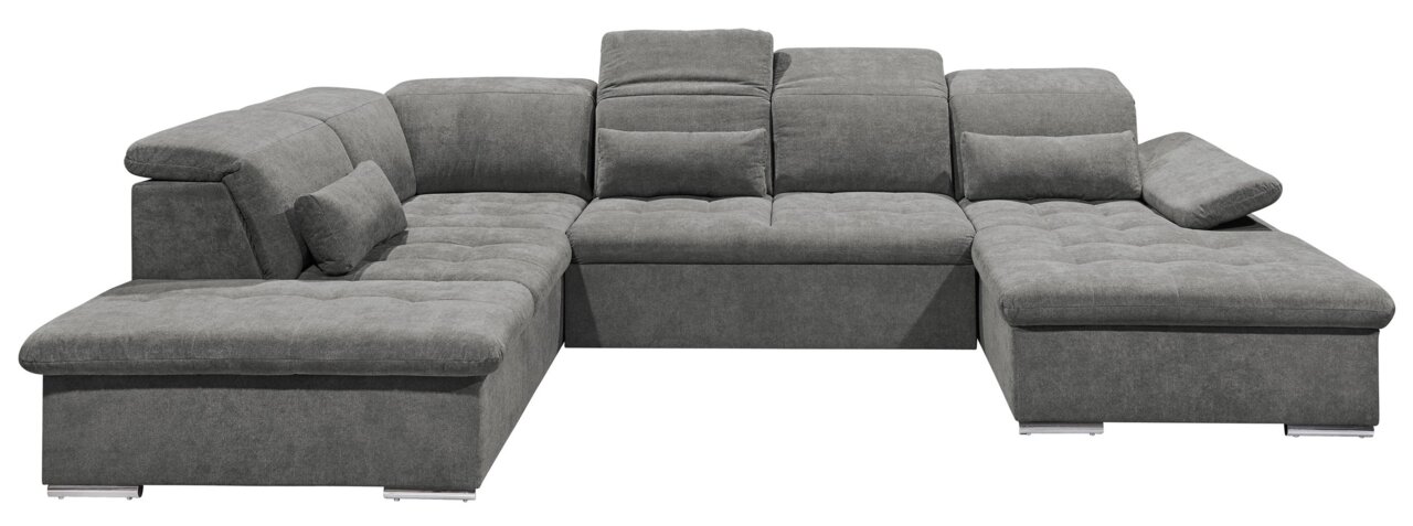 Graues Ecksofa in U-Form mit verstellbaren Kopfstützen und Kissen, Vorderansicht.