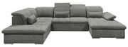 Graues Ecksofa in U-Form mit verstellbaren Kopfstützen und Kissen, Vorderansicht.
