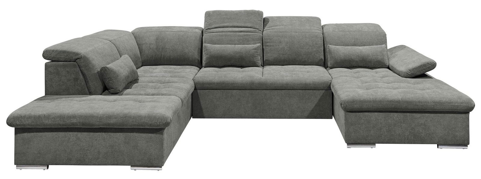 Graues Ecksofa in U-Form mit verstellbaren Kopfstützen und Kissen, Vorderansicht.