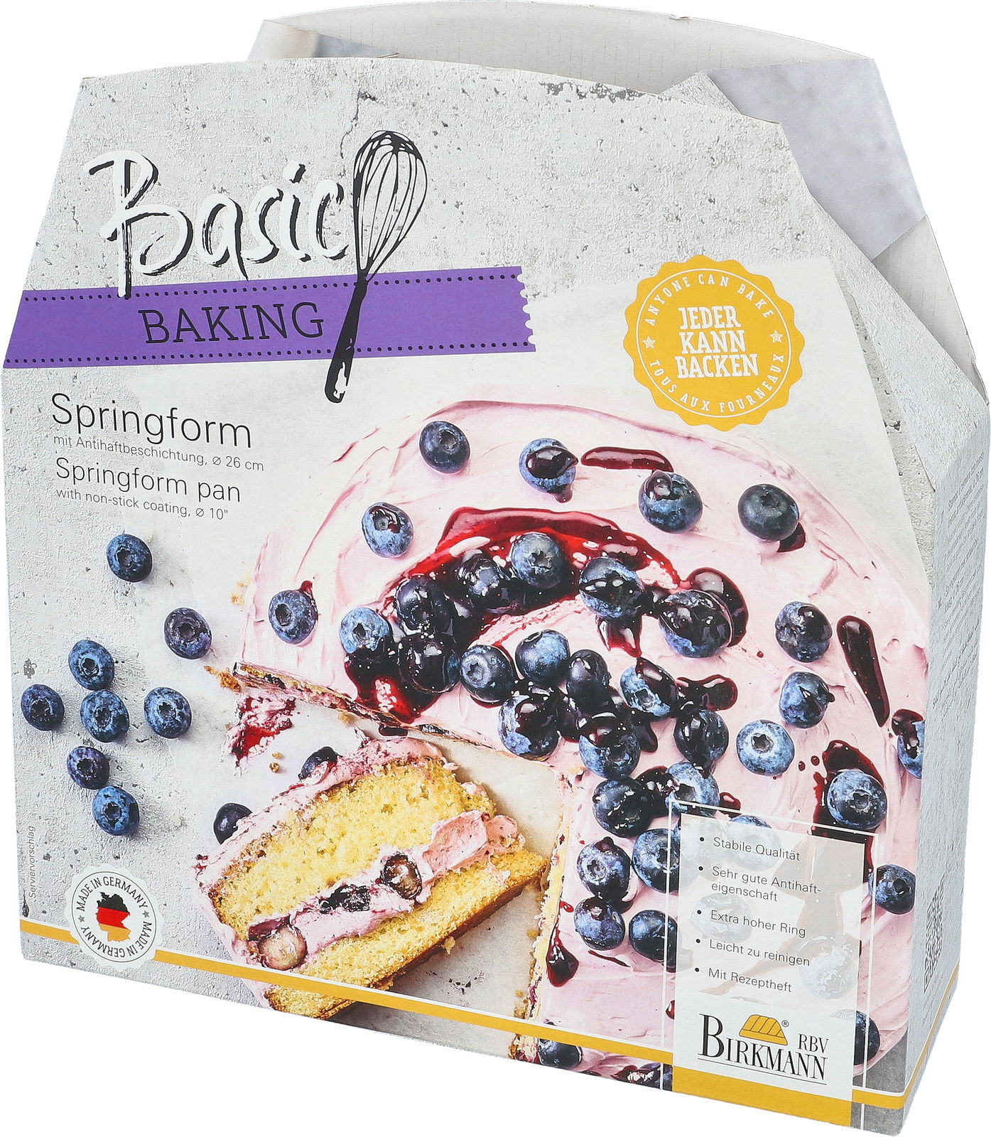 Verpackung einer Springform mit einem Bild von einem Kuchen mit Blaubeeren, Perspektive von vorne rechts