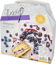 Verpackung einer Springform mit einem Bild von einem Kuchen mit Blaubeeren, Perspektive von vorne rechts