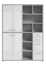 Moderner, hoher Aktenschrank mit weißen Türen und offenen Regalfächern, Frontalansicht