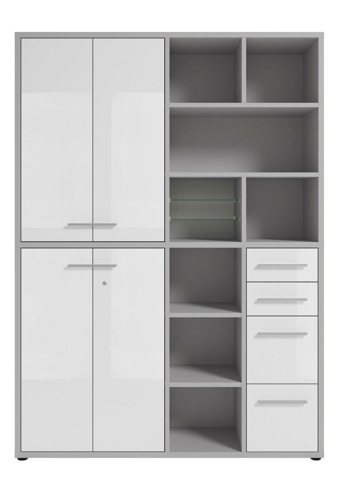 Moderner, hoher Aktenschrank mit weißen Türen und offenen Regalfächern, Frontalansicht