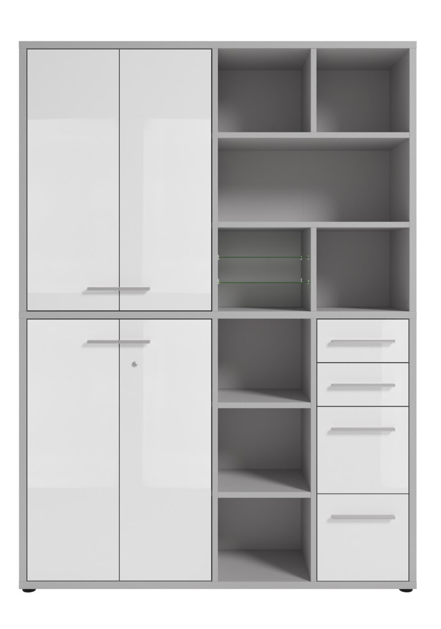 Moderner, hoher Aktenschrank mit weißen Türen und offenen Regalfächern, Frontalansicht