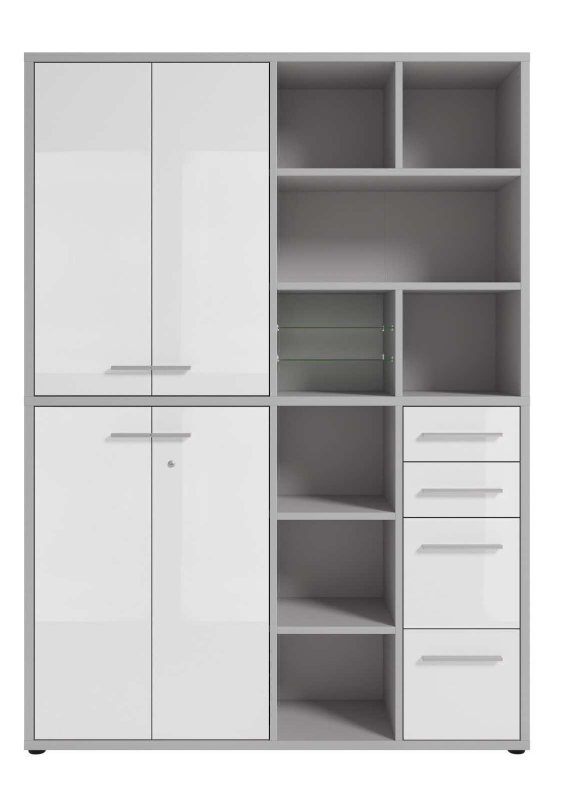 Moderner, hoher Aktenschrank mit weißen Türen und offenen Regalfächern, Frontalansicht