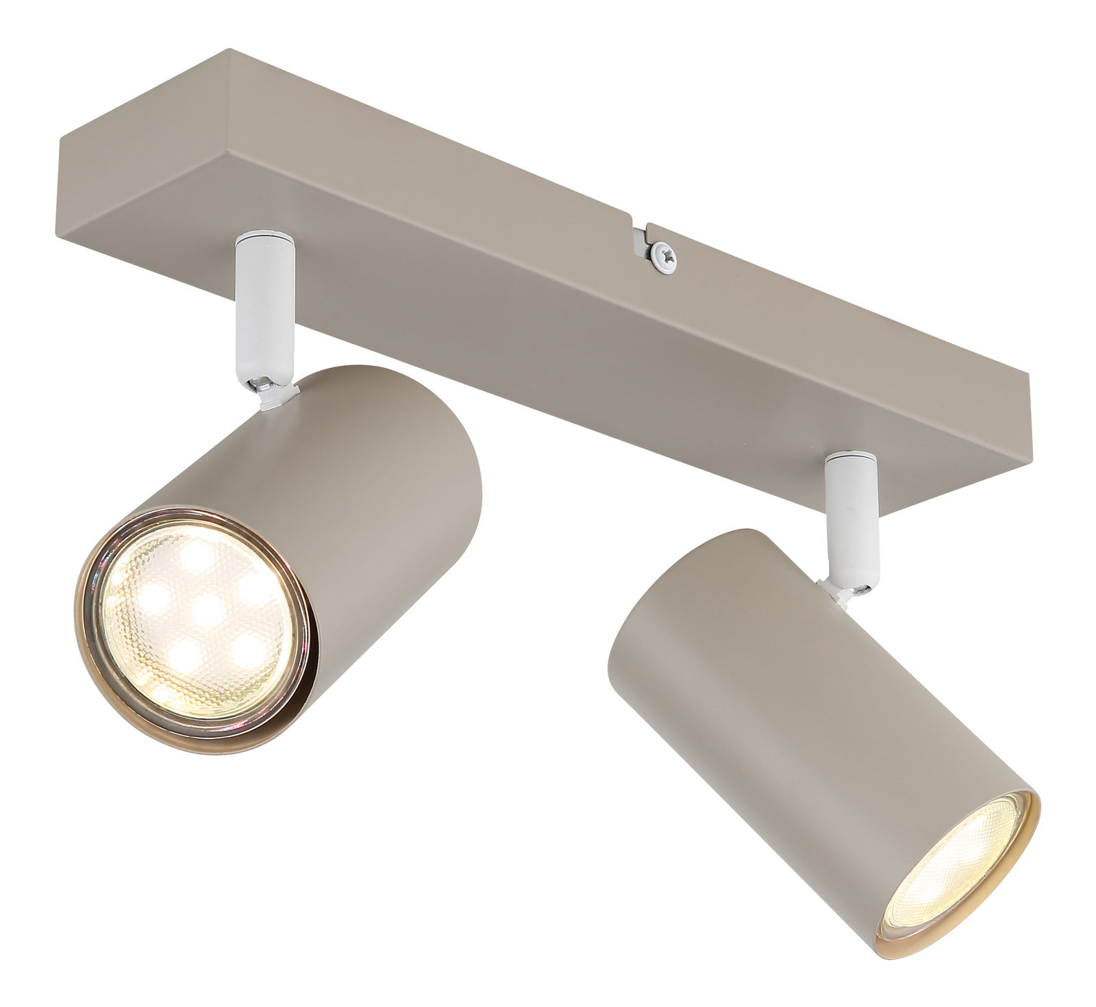 Zweiflammiger Deckenstrahler in modernem Design, seitliche Perspektive