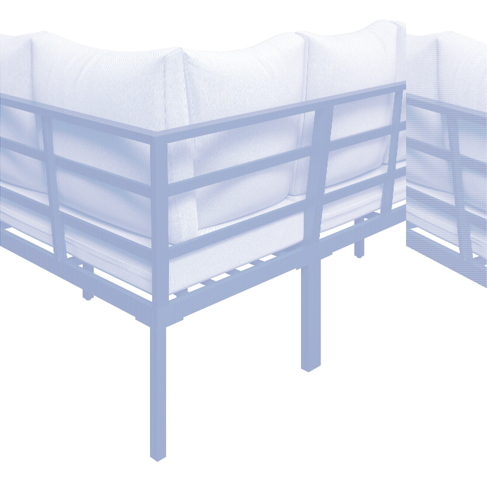 Rückansicht eines Gartenlounge-Sets mit schwarzem Metallrahmen und hellgrauen Kissen.