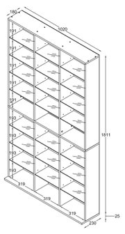Technische Strichzeichnung eines hohen Regals mit 3 Spalten und mehreren offenen Fächern, inklusive Maßangaben (ca. 1020 mm Breite, 1811 mm Höhe, 230 mm Tiefe), dargestellt in schräger Vorderansicht.